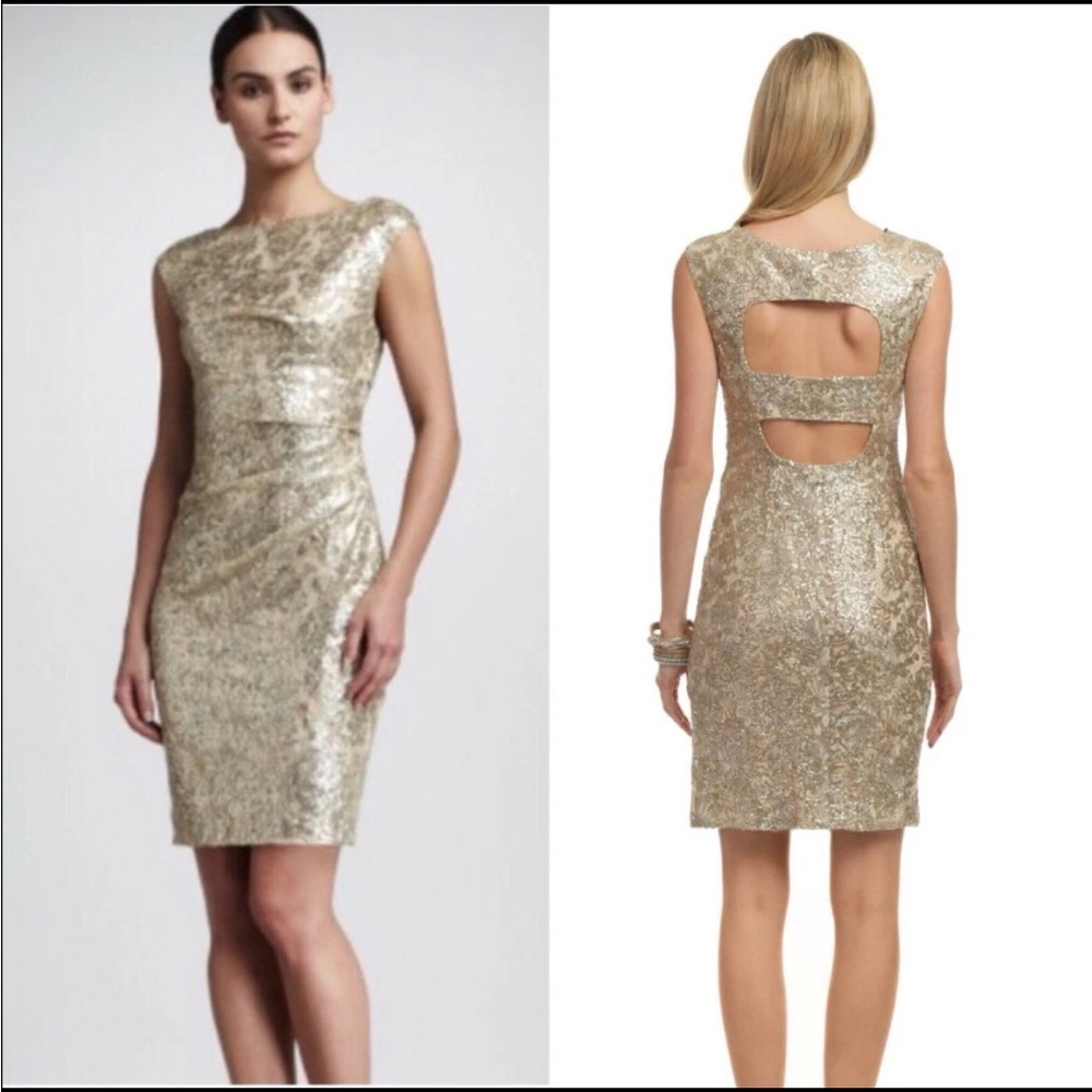 David Meister champagne metallic lace and sequin mini cocktail dress